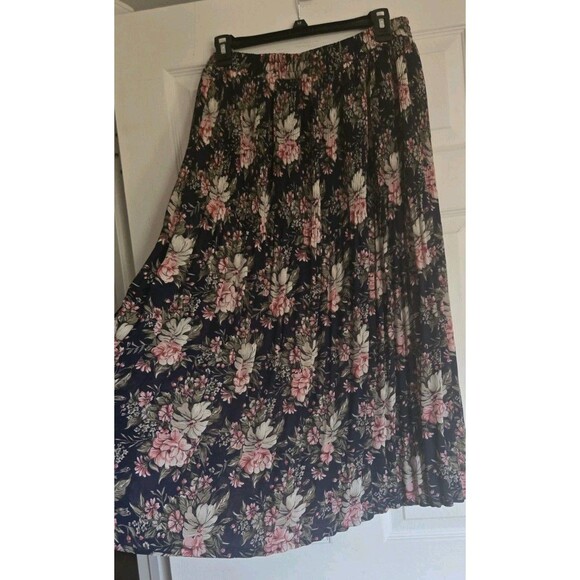 Sag Harbor Navy Pink Floral Pull-on Pleated Skirt Womens Large Long Midi Elastic - Picture 3 of 11